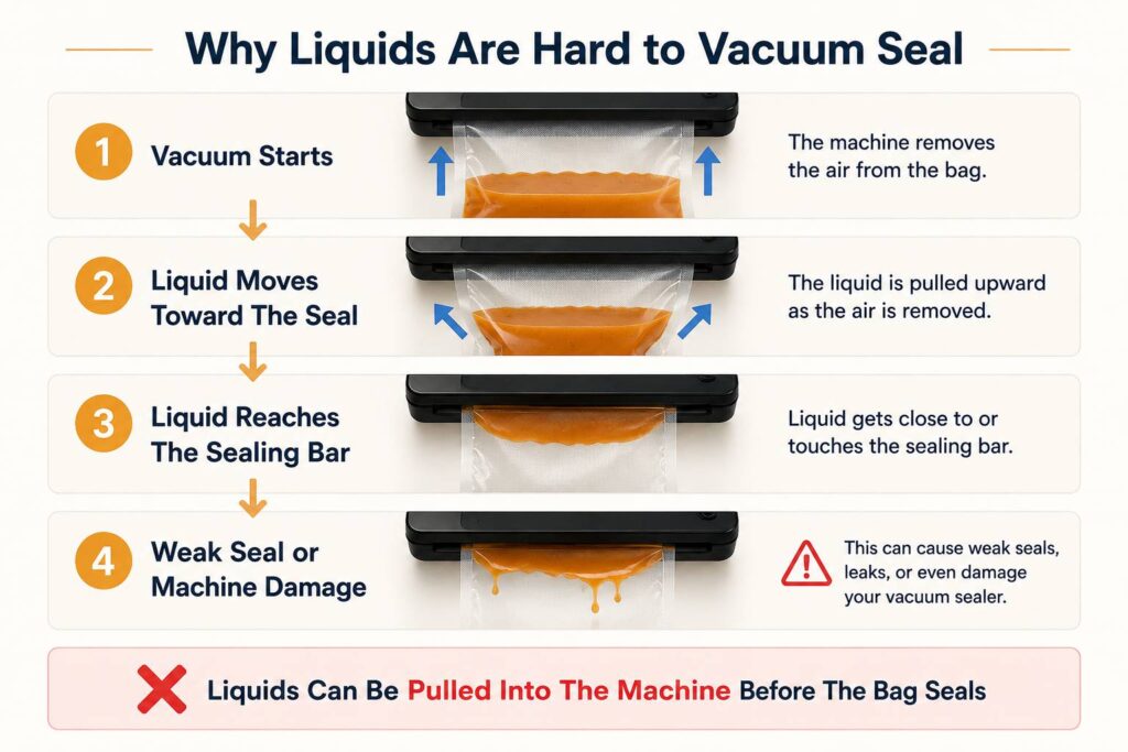 Why are liquids difficult to vacuum seal before the sealing process is complete
