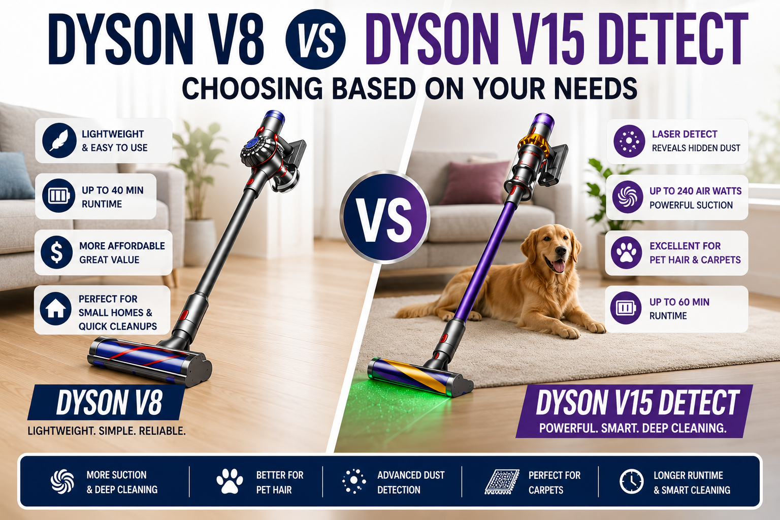 Read more about the article Dyson V8 vs Dyson V15 Detect: Choosing Based on Your Needs