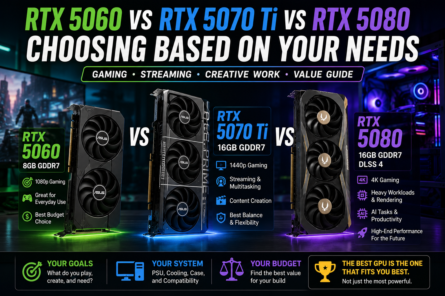 Read more about the article RTX 5060 vs RTX 5070 Ti vs RTX 5080: Choosing Based on Your Needs