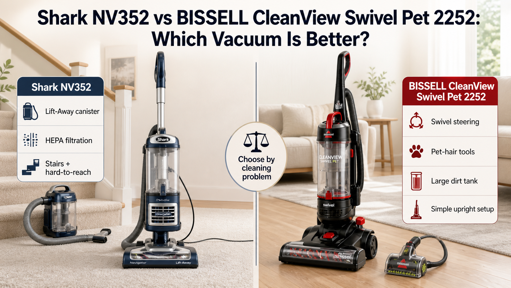 You are currently viewing Shark NV352 vs BISSELL CleanView Swivel Pet 2252: Lift-Away Cleaning or Pet Hair Value?