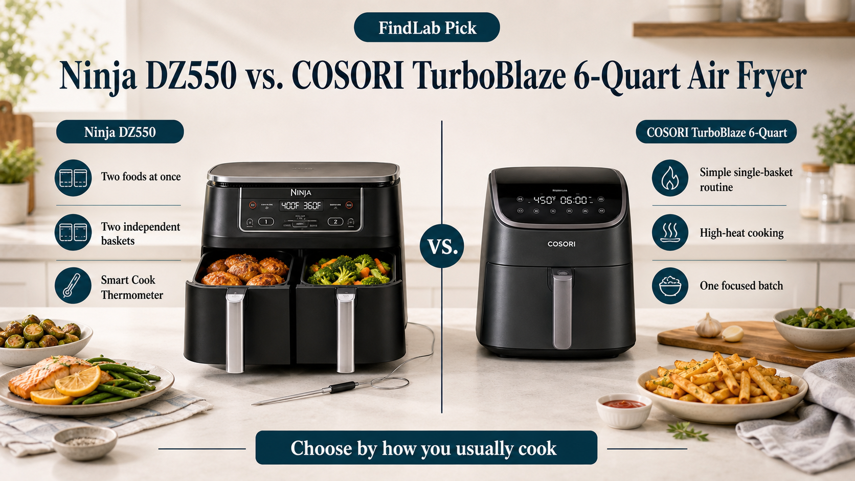 You are currently viewing Ninja DZ550 vs COSORI TurboBlaze: Dual-Zone Cooking or Compact Speed?