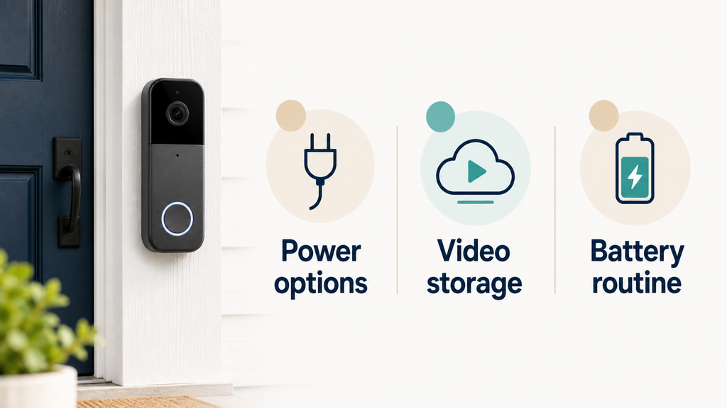Battery video doorbell FAQ guide showing power, video storage, and battery routine